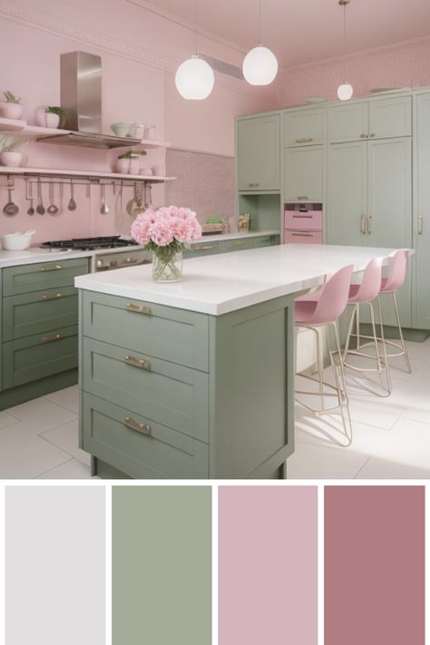 Pink And Green Kitchen, Mint Green Room, Green Room Design, Mint Kitchen, Minimalist Spaces, Rainbow Bedroom, Cozy Minimalist, Pink And Mint, Green Room