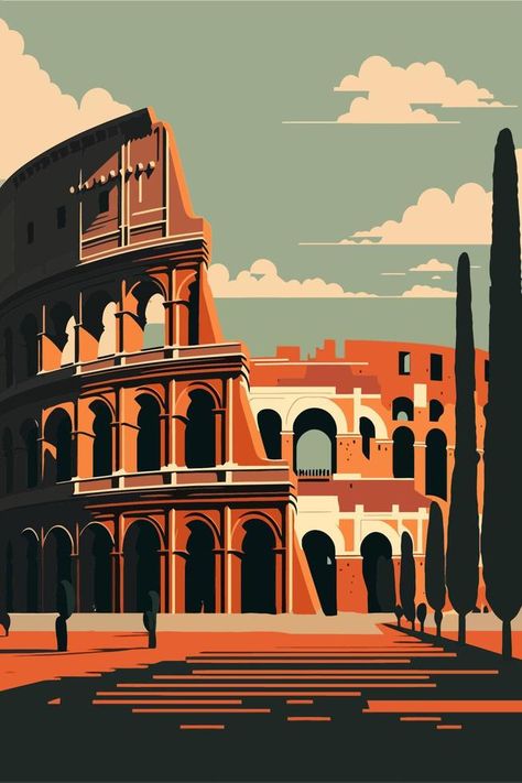 Colosseum Illustration, Rome Colloseum, Rome Illustration, Totti Roma, Italy Paintings, Knossos Palace, Italy Illustration, Rome City, Italy Painting