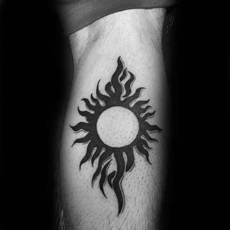 Man With Leg Calf Tattoo Of Black Tribal Sun Sun Tattoo Designs, Supernatural Tattoo, Elbow Tattoos, Sun Tattoos, Arm Band Tattoo, Calf Tattoo, Tattoo Project, Sun Tattoo, Sun Designs