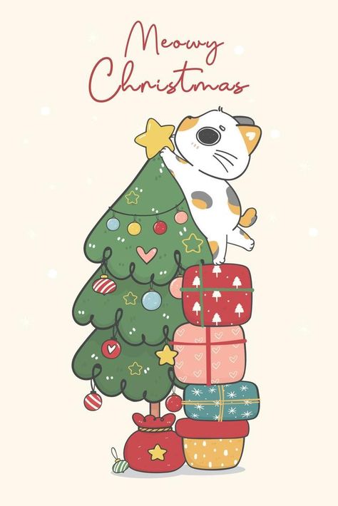 cute naughty calico kitten cat decorating a Christmas pine tree, merry catmas, cartoon animal character hand drawing doodle vector idea for greeting card Christmas Kitten Drawing, Merry Christmas Cute Drawing, Cat Christmas Card Ideas, Christmas Cartoon Drawings, Merry Christmas Painting, Christmas Decorations Drawings, Merry Christmas Drawing, Winter Character, Cat Christmas Cards