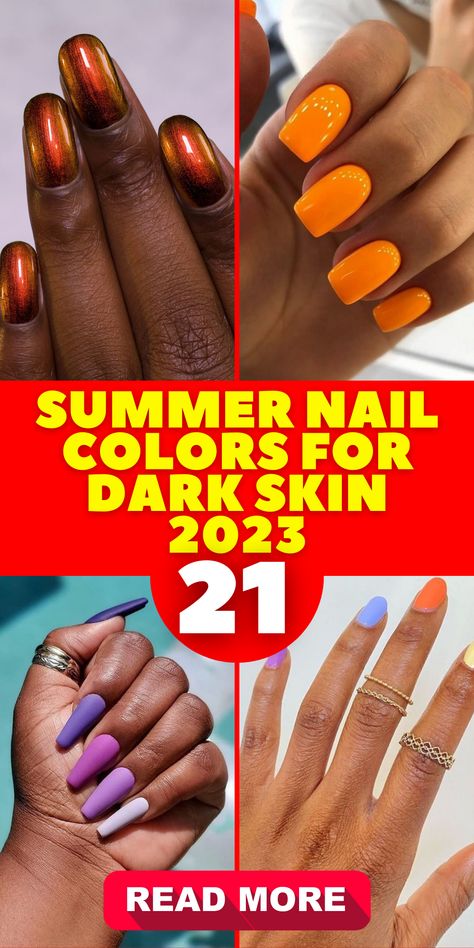 When it comes to summer nail colors for dark skin, the trends for 2023 are diverse and vibrant. From sultry purples to bold yellows, these colors not only complement dark skin tones but also embrace the lively spirit of summer. Explore the best and prettiest colors for your nails. Best Dip Nail Color For Dark Skin, Nails 2023 Brown Skin, Summer Nails 2023 Tan Skin, Nails 2023 Trends Brown Skin, Summer Nails For Dark Skin Black Women, Summer Nails 2023 Brown Skin, Summer Nails 2023 Dark Skin, Summer Nails For Brown Skin Tone, Summer Nail Polish Colors 2023