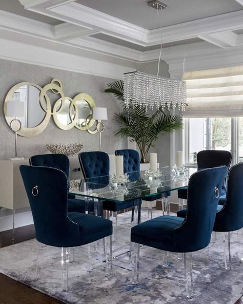 Blue Dining Room Decor, Big Living Room Decor, Blue And White Dining Room, Luxury Apartment Decor, Dining Room Glam, Hollywood Regency Dining Room, Blue Dining Room Chairs, Blue Dining Chair, Dining Room Blue