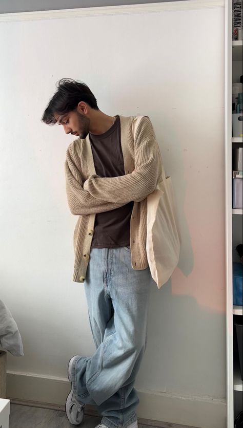 beige cardigan, brown uniqlo t-shirt, light blue baggy jeans, new balance 530 trainers Guys In Cardigans, How To Style A Cardigan Men, Men In Cardigans Aesthetic, Guy Cardigan Outfits, Tan Jeans Outfit Men, Beige Cardigan Outfit Men, Soft Men Aesthetic, Cardigan Fits Men, Men Cardigan Outfit Aesthetic