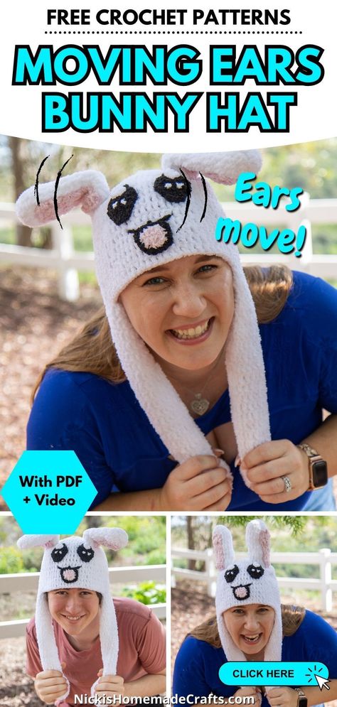 Looking for fun things to crochet? This super cute crochet bunny hat with moving ears will have people smiling everywhere you go. The unique design uses an air pump to make the bunny's ears move up and down. Get the adorable crochet pattern free from Nicki's Homemade Crafts. #crochetbunny #freecrochetpattern #crochethat #crochet #nickishomemadecrafts Fun Things To Crochet, Home Crochet Patterns, Crochet Bunny Hat, Spring Crochet Patterns, Mens Beanies, Crochet Trends, Winter Crochet Patterns, Beanies Crochet, Summer Crochet Patterns