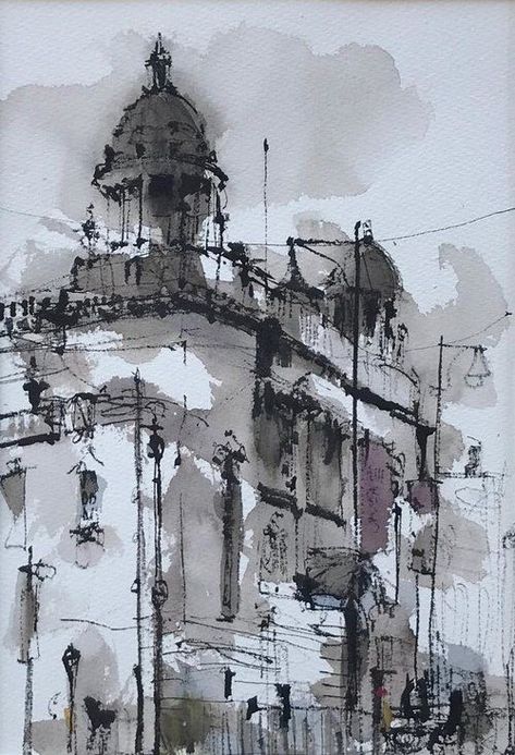 Emma Fitzpatrick, City Paintings, Cityscape Drawing, Leicester Uk, Architecture Sketches, Urban Sketch, Watercolor Architecture, Architecture Sketchbook, Watercolour Inspiration