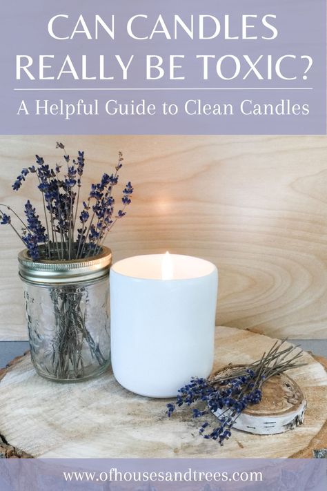 A candle in a white vessel sitting on a tree slice next to lavender with text can candles really be toxic. Eco Home Sustainable Living, Eco Friendly Crafts, Clean Candles, Eco Friendly Interior Design, Can Candles, Best Scented Candles, Protection Candle, Popular Candles, Eco Friendly Interior