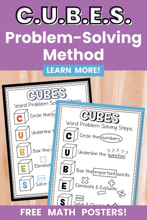 CUBES problem-solving method posters Cubes Math Strategy, Cubes Strategy, Teaching Third Grade Math, Math Strategies Posters, Word Problem Strategies, Guided Math Centers, Cubes Math, Interactive Math Journals, Math Posters