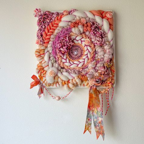 'Peach Crush' is handwoven on a 9 inch square frame with Handwoven Art Yarn, Indie Dyed Yarn, Merino Wool Roving, Silk Velvet, Botanically Dyed Ribbon, acrylic and Glass beads! All weavings are one of a kind and  handwoven, by me, in my home in Vermont.  I love to use color and texture to create movement in my pieces and  I try to source the majority of my materials from other small, woman owned businesses.  When you purchase my art, you are not just supporting me, you are supporting so many oth Peach Crush, Art Yarn Weaving, Weaving Loom Projects, Weaving Wall Hanging, Art Yarn Handspun, Indie Dyed Yarn, Spin Art, Contemporary Textiles, Fun Arts And Crafts