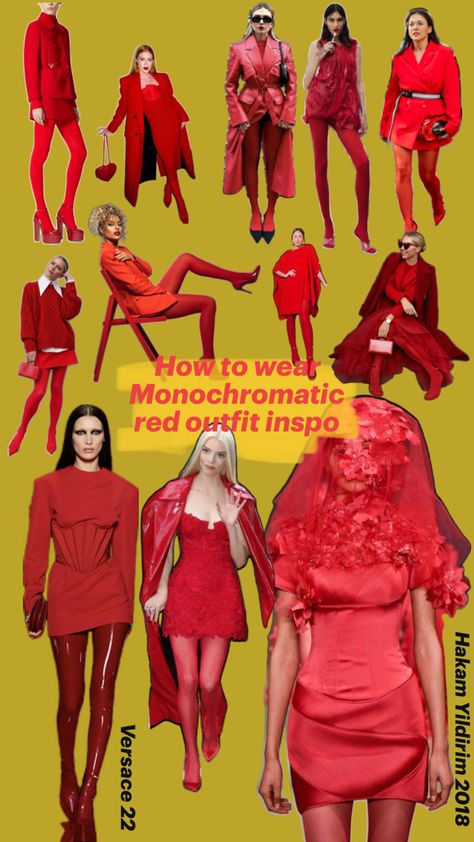 A stunning collage of monochromatic red outfit inspirations featuring a variety of styles, including tailored suits, dresses, and statement coats. Models showcase vibrant red looks, with some outfits styled in sleek latex, oversized blazers, and elegant lace detailing, perfect for making a bold fashion statement. Inspired by Versace 2022 and Hakam Yildirim 2018 collections. Monochromatic Red Outfit, Red Monochromatic Outfit, Red Monochrome Outfit, Monochromatic Outfit Aesthetic, Versace 2022, Red Monochromatic, Red And White Outfits, Red And Black Outfits, Oversized Blazers