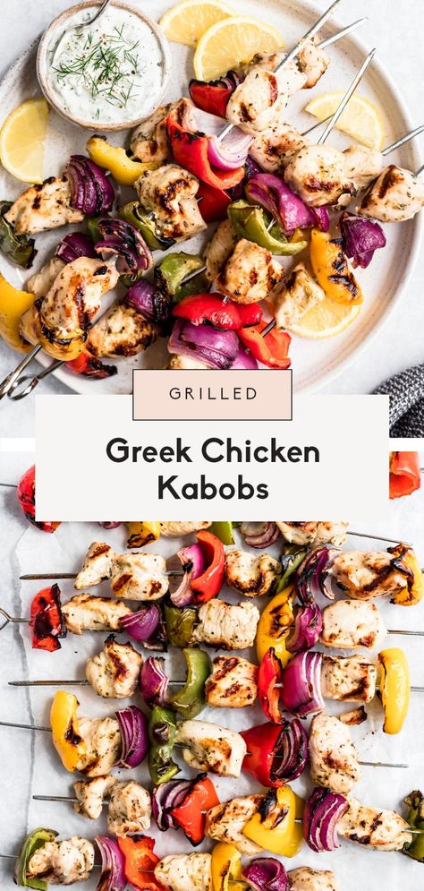 Easy & delicious greek chicken kabobs made with a yummy, zesty greek marinade, red onion and three different types of bell peppers. Make these greek chicken kabobs on the grill or in the oven and serve them with a homemade greek yogurt tzatziki sauce! The perfect summer meal. #chicken #chickenrecipe #kabobs #grilling #glutenfree #grainfree #paleorecipe #paleo #healthydinner Chicken Kabobs On The Grill, Yogurt Tzatziki Sauce, Greek Yogurt Tzatziki, Kabobs On The Grill, Greek Marinade, Greek Chicken Kabobs, Staple Recipes, Homemade Greek Yogurt, Homemade Tzatziki Sauce