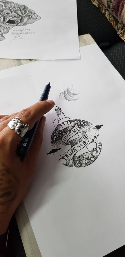 Lights Will Guide You Home, Guiding Light Tattoo, Light House Tattoo Design, Light House Tattoo, Tattoo Pet, Mac Miller Tattoos, Home Sketch, House Lights, Spirit Tattoo