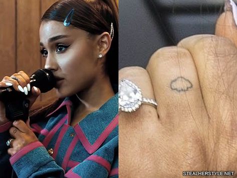 Ariana Grande cloud tattoo Grande Tattoo, Ariana Grande Tattoo, Ribcage Tattoo, Finger Tats, Knuckle Tattoos, Back Of Neck Tattoo, Ariana Grande Outfits, Cloud Tattoo, Steal Her Style