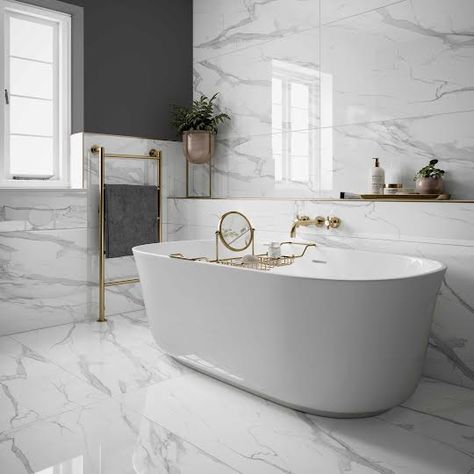 White Marble Bathrooms, Marble Tile Bathroom, White Marble Floor, Bathroom Inspiration Decor, Bathroom Trends, Upstairs Bathrooms, Marble Bathroom, Bathroom Renos, Bath Tub