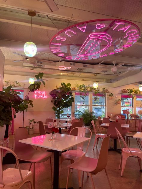 tacos restaurant aesthetic trendy pink cute places to eat Cute Restaurant Ideas, Girly Restaurant, Girly Restaurant Interior, Pink Restaurant Aesthetic, Pink Aesthetic Restaurant, Cute Pink Cafe Interior, Pink Restaurant London, Fun Restaurant, Cute Restaurant