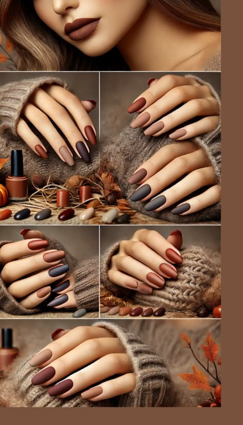 Elevate your fall style with these stunning matte nail designs. From rich browns to subtle pumpkin shades, these looks are perfect for a chic, sophisticated manicure. #MatteNails #FallVibes #AutumnNailArt #ChicNails #NailDesigns 5 Different Color Nails Fall, Fall Nails Solid Color Matte, Grey Colour Nail Art, Manicure Matte Ideas, Fall Color Matte Nails, Thanksgiving Matte Nails, Matte Nails Neutral, Fall Nail Palette, Matte November Nails