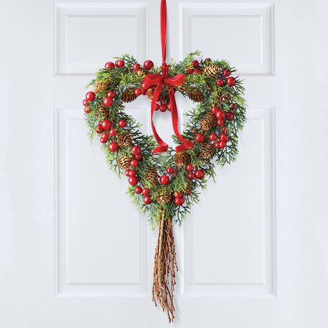 Heart Shaped Christmas Wreaths, Heart Shape Christmas Wreath, Heart Christmas Wreath, Front Door Foyer, Cranberry Wreath, Natural Christmas Wreaths, Evergreen Wreath, Natural Christmas, Collections Etc