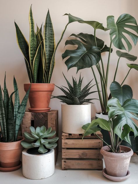 Bring the beauty of nature indoors with a stunning collection of potted plants! From snake plants to vibrant succulents, elevate your space effortlessly. Love your greens?  Share your favorite indoor plant moments with us! #GardenBliss . #homeandgarden #betterhomesandgardens #homegardening #homesandgardens #homegarden #gardenhome #gardeningathome #flowers #plants #beautifulflowers Plants Indoor Aesthetic, Plant Pots Ideas, Snake Plant Pot, Potted Snake Plant, House Plant Decor, Plant Vibes, Plant Mom Aesthetic, Easy Care Houseplants, Plants Aesthetic