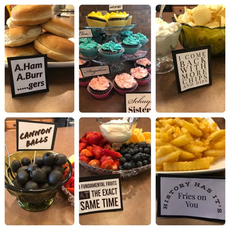 Hamilton party food puns Broadway Musical Birthday Party Ideas, High School Musical Themed Food, Founding Fathers Theme Party, Hamilton Themed Snacks, Hamilton Sleepover Ideas, Hamilton Bday Party, Hamilton Bachelorette Party, Tortured Poets Department Party Food, Hamilton Movie Night