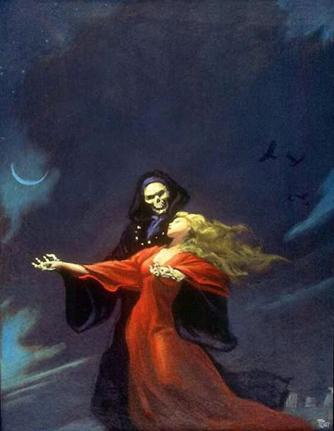 Grim Reaper Michael Whelan, Skeleton, Red Dress, Dancing, A Woman, Red, Black, Art