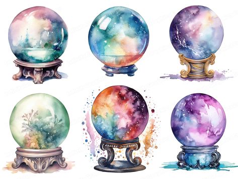 Crystal Ball Watercolor, Crystal Ball Painting Acrylic, Witchy Watercolor Art, Crystal Ball Painting, Witchy Watercolor, Crystal Ball Art, Witch Crystal Ball, Watercolor Crystal, Ball Clipart