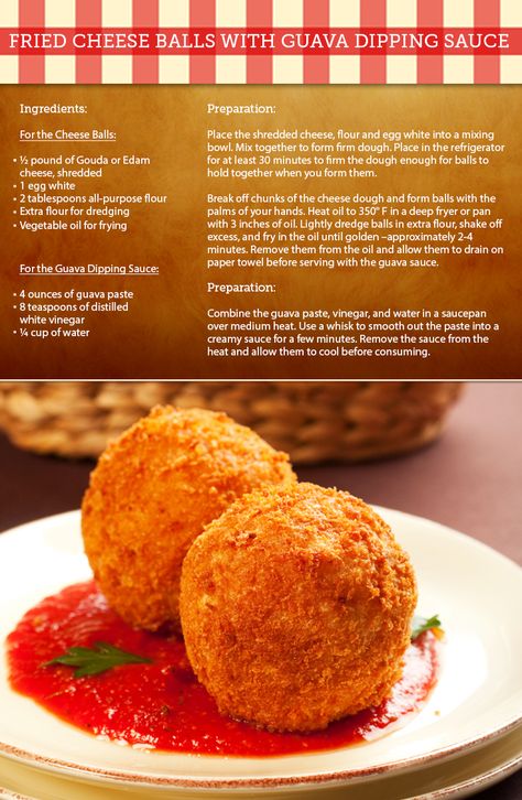 Fried Cheese Balls are always a good idea, but add in the Guava Dipping Sauce and it's amazing! Ingredients available at Walmart. Guava Cheese, Fried Cheese With Guava Sauce, Hors Devours, Entertaining Appetizers, Cheese Fries, Cheese Ball, Party Food Appetizers, Dipping Sauce, Sweet Savory