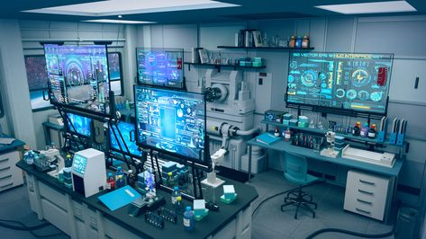 Sci Fi Science Lab, Sci Fi Office Concept Art, Fantasy Science Lab, Robotics Lab Aesthetic, Sci Fi Med Bay, Futuristic Science Lab Aesthetic, Sci-fi Lab, Sci Fi Tech Aesthetic, Futuristic Laboratory Concept Art