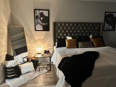 Black and White Primary Bedroom Black White Brown Gold Bedroom, Black White Gray And Gold Bedroom, Black White Gold Bedroom Decor, Black And Gold Guest Bedroom, Black Grey Cream Bedroom, Black Gray Gold Bedroom, Black Gold And Brown Bedroom, Black Beige And Gold Bedroom, Black And Gold Modern Bedroom