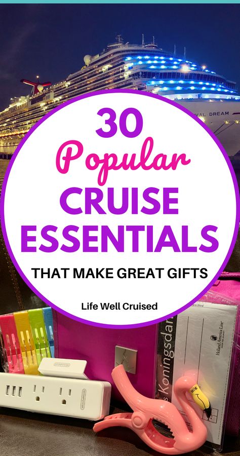 30 awesome cruise items that are useful travel items cruisers love! Whether you're looking for a gift for a cruise traveler, or need a few cruise essentials for your own cruise vacation, this list has the most recommended items for going on a cruise! #cruiseessentials #cruiseitems #cruisetravel #travelgadgets #cruiseaccesories #cruisenecessities Cruise Diy Ideas, Cruise Care Package Gift, Cruise Gift Basket Ideas, Cruise Favors Gift Ideas, Cruise Surprise Ideas For Adults, Carnival Cruise Gift Exchange Ideas, Cruise Survival Kit Gift Ideas, Cruise Goodie Bags Gift Ideas, Cruise Essentials For Women