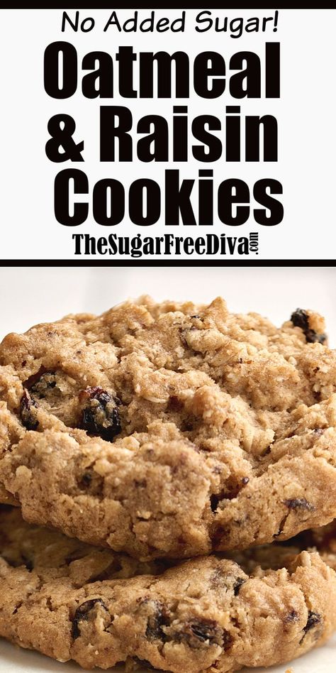 This chewy and soft recipe for No sugar added oatmeal and raisin cookies is so delicious! I like that the oatmeal and raisins are healthy ..  Read more at: https://thesugarfreediva.com/no-sugar-added-oatmeal-raisin-cookies/ Copyright © https://thesugarfreediva.com Sugar Free Oatmeal Cookies, Sugar Free Cookie Recipes, Sugar Free Oatmeal, Sugar Free Desserts Easy, Raisin Cookie, Sugar Free Baking, Sugar Free Recipes Desserts, Sugar Free Treats, Sugar Free Sweets