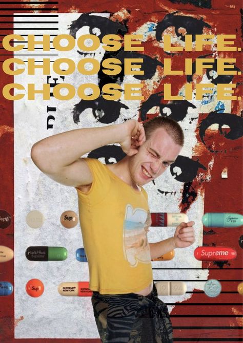 Trainspotting poster in red with 'Choose Life' quote Renton Trainspotting, Trainspotting Poster, Mark Renton, Summer Punk, Sick Boy, Punk Movement, Film Poster Design, Image Film, Dorm Posters