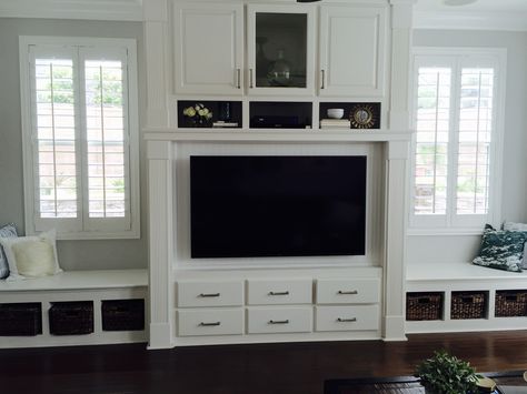 Tv built in with bench seating. Bench Seating Under Window, Seating Under Window, Dog Bed Bench, Low Seating Living Room, Tv Window, Basement Tv Rooms, Built In Tv Wall Unit, Built In Bench Seating, Tv Built In