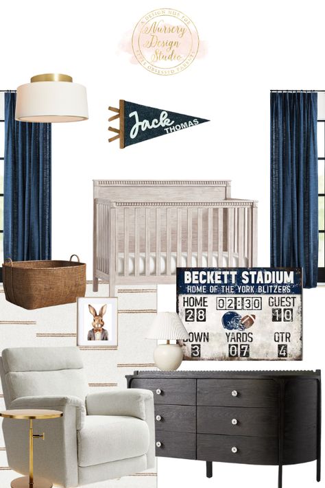 Jack Thomas's nursery Football Theme Nursery, Baseball Nursery Theme, Football Nursery, Luxury Baby Nursery, Nursery Design Board, Sports Nursery Theme, Sports Nursery, Nursery Designs, Nursery Style