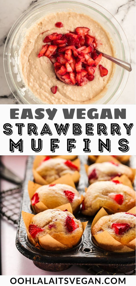 This vegan strawberry muffins recipe is low calorie, low fat and ready in less than 30 minutes. Moist, fluffy and surprisingly healthy, this easy recipe makes 36 mini muffins or 12 large ones. If you're looking for vegan brunch recipes or vegan breakfast recipes, you've come to the right place. You could also eat these as vegan dessert recipes. Add bananas or rhubarb for an added treat. Can be gluten free (GF) as well. #veganstrawberrymuffins #veganmuffins #strawberries #veganbreakfastrecipes Strawberry Banana Bread Muffins, Vegan Strawberry Muffins, Strawberry Muffins Healthy, Strawberry Muffin Recipes, Strawberry Banana Bread, Almond Muffins, Vegan Muffins, Strawberry Muffins, Banana Bread Muffins