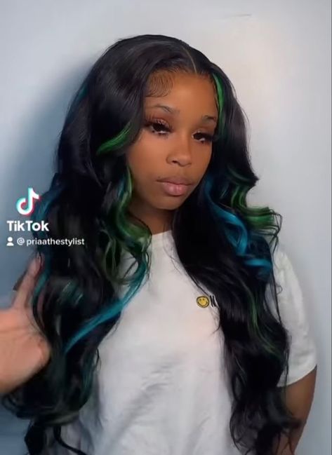 Colored Highlights Black Women, Wigs With Color Highlights, Frontal Sew In With Color, Wig Colors On Dark Skin, Cute Wigs Styles For Black Women, Black And Blue Sew In, Black Wigs With Color, Sew In With Color Leave Out, Middle Part Quick Weave With Color