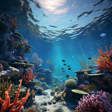 Photo underwater reef teems with colorfu... | Premium Photo #Freepik #photo Underwater Environment Concept Art, Ocean Depths Aesthetic, Underwater Perspective, Ocean Reference, Book Imagination, Under Water World, Exterior Perspective, Creature Painting, Underwater Reef