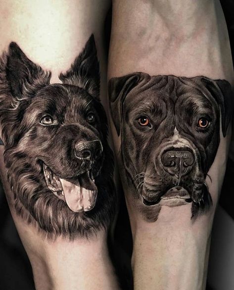 Dog Tattoo Black And White, Epic Tattoos, German Shepherd Tattoo, Pet Portrait Tattoos, Pet Tattoo Ideas, Tatoo Dog, Dog Portrait Tattoo, Pet Tattoos, Dogs Tattoo