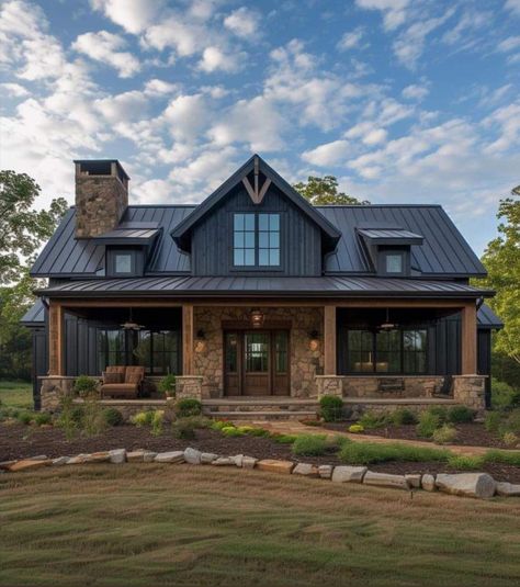 Wood And Metal House Exterior, House Plans 2200-2500 Sq Ft, Wood Grain Siding Exterior, Mountain Farmhouse Plans, 16x52 Shed House Plans, Country Cottage Homes Exterior, Outside Of House Aesthetic, Barn Dominium Floor Plans, Board And Batten With Stone Exterior