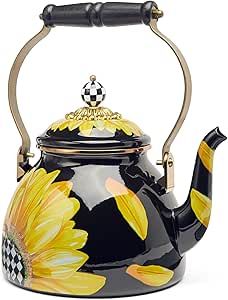 MACKENZIE-CHILDS 2-Quart Enamel Tea Kettle, Cute Tea Kettle for Stovetop, Sunflower Sunflower Tea, Tea Kettle Stovetop, Stovetop Kettle, Short Vase, Whistling Tea Kettle, Courtly Check, Pretty Tea, Steel Rims, Tree Shop