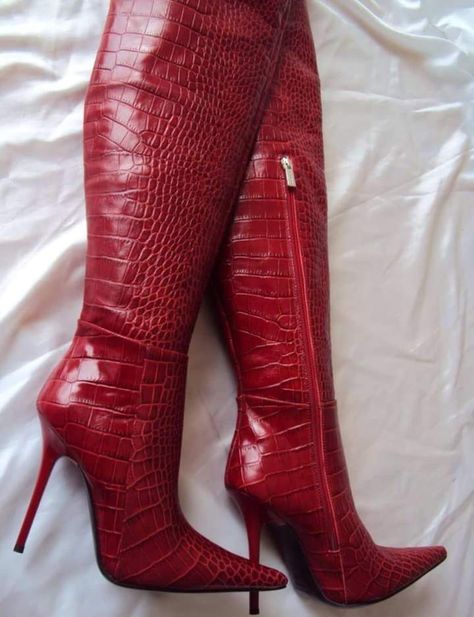 Red Alligator Boots, Red Crocodile Boots, Red Snakeskin Boots, Alexis Fashion, Red High Heel Boots, Shoe Hacks, Timeless Fashion Pieces, Alligator Boots, Fashion Shoes Heels