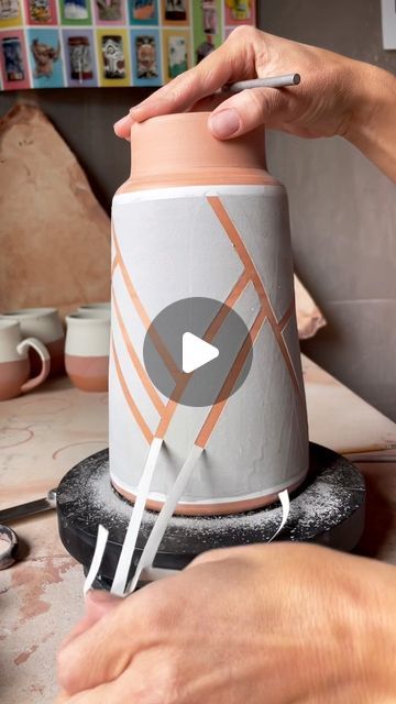 D Whigham Ceramics on Instagram: "I forgot about this vase and so by the time I remembered it, it was too dry to carve.  Decided to just have some fun using tape to make a simple design in the glaze.  . . . . #dwhighamceramics #happylittleaccidents #wheethrownvase #handmadeceramics #ceramiclove #glazeday #localmaker #craftswoman #designermaker #handmadehome" Ceramic Wax Resist, Tape Resist Pottery, Ceramic Underglaze, Handmade Ceramics Vase, Ceramic Jug, Pottery Glazes, October 27, I Forgot, Have Some Fun