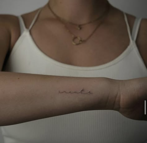 One Word Tattoo Placement Ideas, Elegant Name Tattoos For Women, Writing Tattoos For Women Placement, Fine Line Word Tattoo Placement, Small Writing Tattoo Placement, Fine Line Name Tattoo Arm, Pretty Tattoo Placement, Name Tattoos For Women Forearm, Arm Tattoo Name