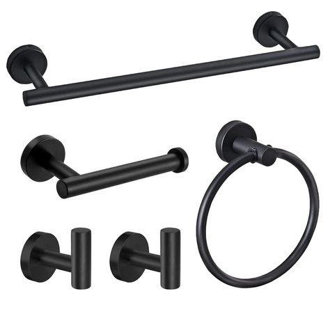 PRICES MAY VARY. BATHROOM SET 5 PIECES : The bathroom hardware set include a 16 inch towel bar, towel ring, toilet paper holder and 2 towel hooks, allowing you to get all the wall mounted bathroom accessories you may need. JUSTHERE bathroom accessory set meets all your daily needs. (Total weight of the set is 1.21 pounds) MODERN DESIGN AND SAFE : The bathroom sets accessories look exquisite and elegant, and the modern style design perfectly integrates it into your bathroom. The surface is smooth Black Towel Holder, Bathroom Fixtures Brushed Nickel, Matte Black Bathroom Hardware, Restroom Accessories, Towel Racks For Bathroom, Matte Black Bathroom Accessories, Farmhouse Bathroom Accessories, Black Bathroom Hardware, Bar Toilet