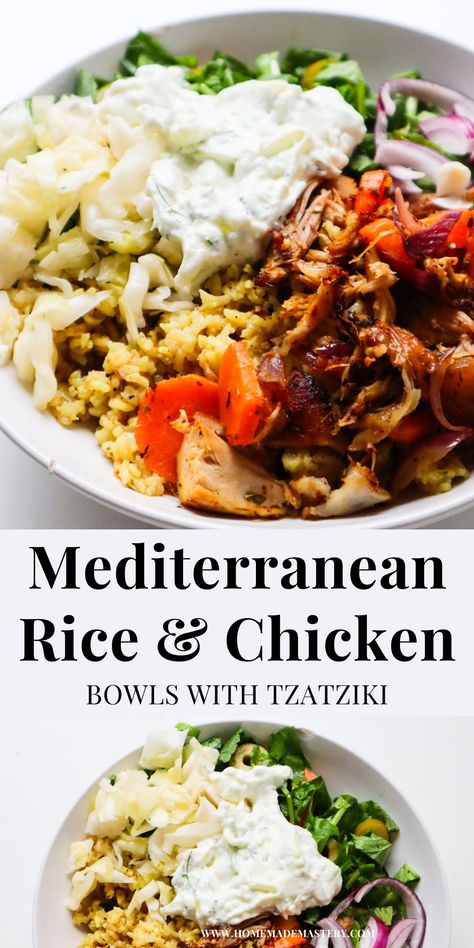 Mediterranean Rice and Chicken Bowls - Homemade Mastery Salad And Chicken, Mediterranean Chicken Bowl, Mediterranean Rice, Rice Bowls Healthy, Mediterranean Grilled Chicken, Flavorful Rice, Mediterranean Recipe, Bowls Recipes, Mediterranean Bowls