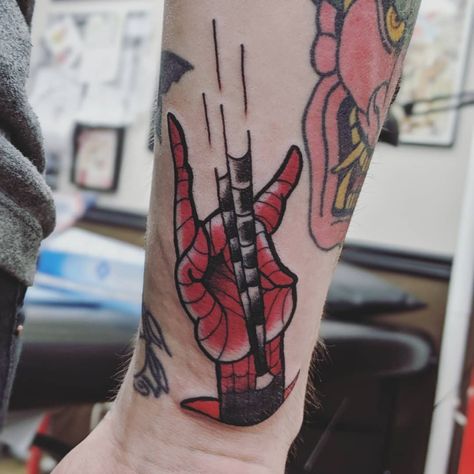 Web Shooter Tattoo, Shooter Tattoo, Spiderman Tattoo Ideas, Your Friendly Neighborhood Spiderman, Spiderman Tattoos, American Classic Tattoo, Spider Man Tattoo, Friendly Neighborhood Spiderman, Spiderman Hand