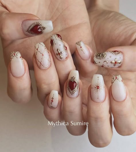 Caraval Inspired Nails, Indian Inspired Nail Art, Sagrado Corazon Nails, Mexican Sacred Heart Nails, Sacred Heart Nail Art, Sacred Heart Nails, Pomegranate Nails, Catholic Nails, Nails Strass