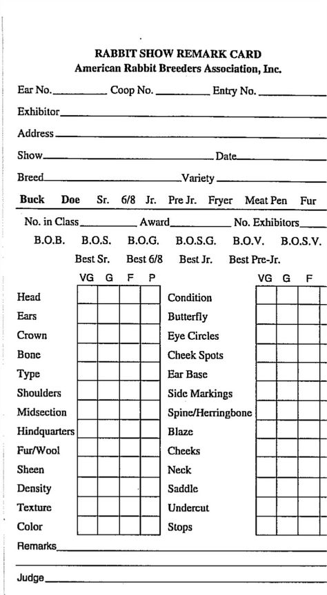 Rabbit show form - judges remarks                                 card Rabbit Husbandry, Farm Record Keeping, Rabbit Showing, Homestead Rabbits, Rabbit Tips, Rabbit Things, Rabbit Breeding, Show Rabbits, Rabbit Stuff