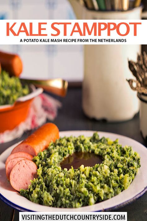 This kale recipe is the perfect Dutch winter food and one of my favourite things to eat: as it's simple, filling and tasty! kale recipes, cooked kale recipes, how to cook kale recipes, cooked kale recipes dinners, ways to cook kale recipes, best cooked kale recipes, dutch kale and potatoes, dutch kale recipes, dutch kale stamppot, dutch mashed potatoes with kale, dutch potato and kale, kale stamppot, boerenkool stamppot, dutch sausage rookworst, dutch boerenkool stamppot, borecole stamppot Dutch Stamppot Recipe, Kale And Potato Recipes, Cooked Kale Recipes, Kale And Potatoes, Cooked Kale, Cook Kale, Kale Kale, Dutch Cuisine, Sausage And Mash