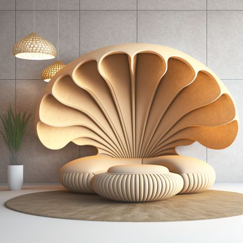 A designer sofa part of a biophilic collection inspired by seashells. Collection is designed by Daleva Decor using AI Midjourney Clam Chair, Bionic Design, Interior Design Career, Artistic Furniture, Designer Sofa, Hall Interior Design, Architecture Design Drawing, Hall Interior, House Inside