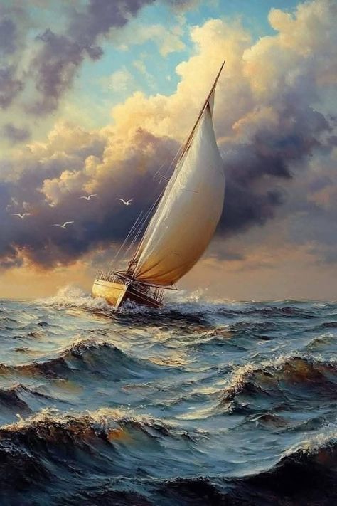 Sea Scenery, Sailboat Art, Sailboat Painting, Adventure Of The Seas, Ship Paintings, Boat Art, Sea Painting, Nautical Art, Diy Canvas Art Painting