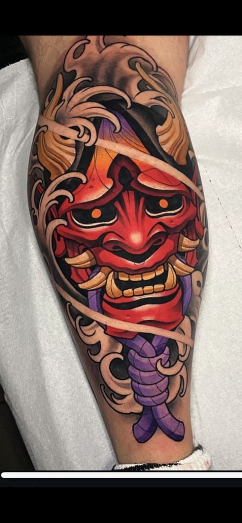 Japan Leg Tattoo, Color Sleeve Tattoos For Men, Oni Samurai Tattoo, Japanese Knee Tattoo, Traditional Samurai Tattoo, Japanese Oni Tattoo, Japanese Samurai Tattoo Design, Oni Tattoo Design, Red Tattoo Men